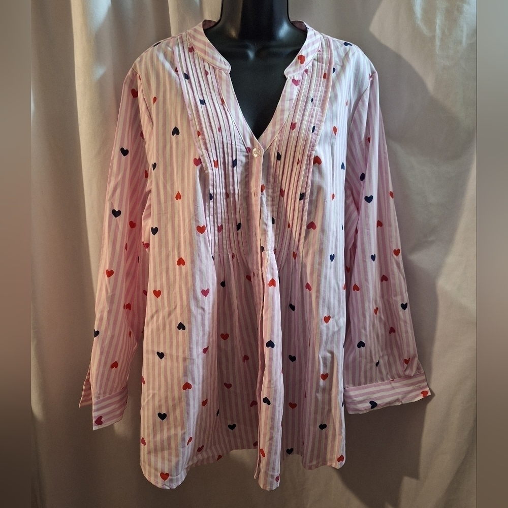 Women Within Pink and White Striped Shirt with Heart Accents